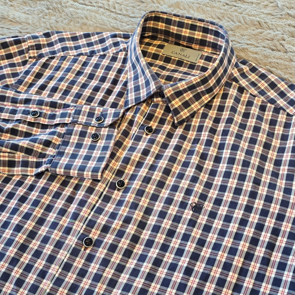 Canali 1934 Mens Plaid Button Down Shirt Navy Blue Red White Sz 50 Made in Italy